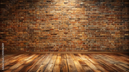 A brick wall backdrop with a wooden floor, offering a simple yet elegant setting for various design elements.