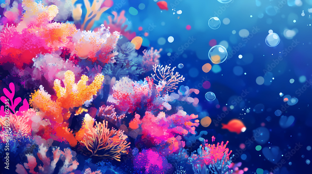 Vibrant coral reef abstract: dive into a whimsical underwater world bursting with color and life, perfect for summery, tropical, and playful designs. Underwater Bubble Worlds. Illustration