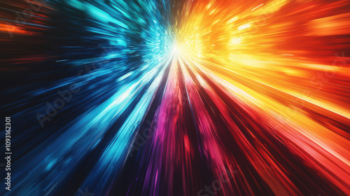 Dynamic motion blur with vibrant colors of blue and orange, creating energetic and captivating visual effect. interplay of light and color evokes sense of speed and movement