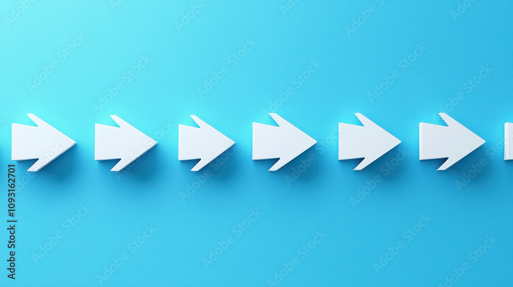 Minimal arrows pointing in single direction on blue background create sense of movement and directionality. This design can be used in various contexts Minimal arrows pointing in single direction on blue background create sense of movement and directionality. This design can be used in various contexts