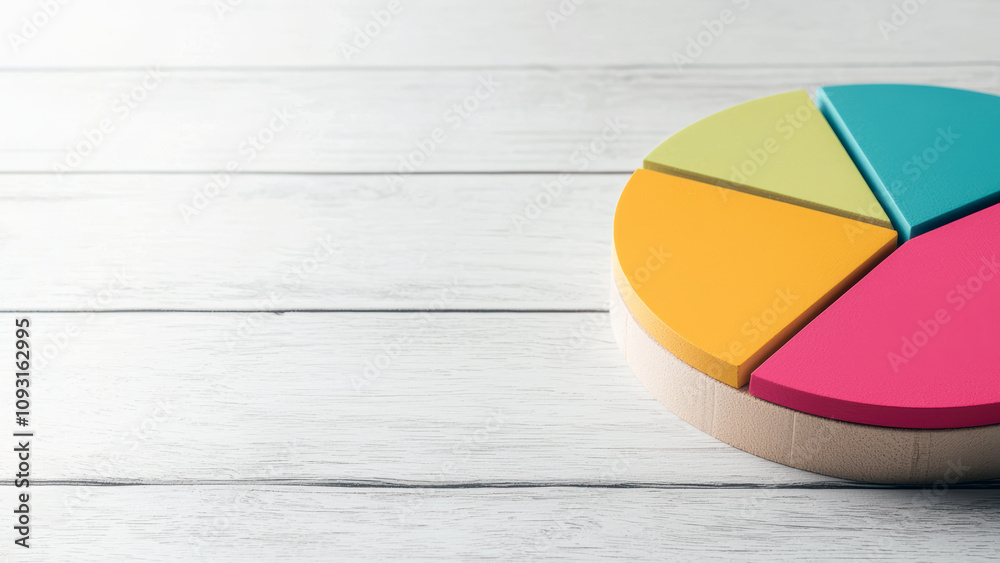 Fototapeta premium Market value in the stocks marketplace concept. A colorful pie chart on a wooden surface, representing data visualization and analysis.