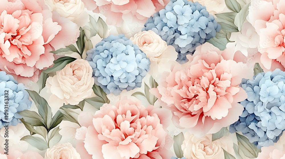Light watercolor peonies and hydrangeas in a seamless pattern, pastel colors, soft pink and light blue petals, delicate leaves, flowing brush strokes, hand-painted look, vintage-inspired, Light watercolor peonies and hydrangeas in a seamless pattern, pastel colors, soft pink and light blue petals, delicate leaves, flowing brush strokes, hand-painted look, vintage-inspired,