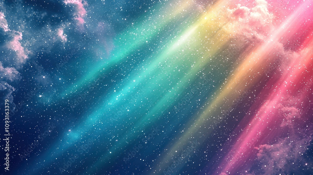 Fototapeta premium A vibrant cosmic background featuring radiant aurora streaks in vivid pink, green, and blue over a starry sky. The soft gradients create a magical and expansive feel. Perfect for celestial-inspired 