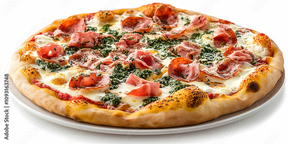 Photo, Delicious Pizza with Pesto, Ham, and Mozzarella Photo, Delicious Pizza with Pesto, Ham, and Mozzarella