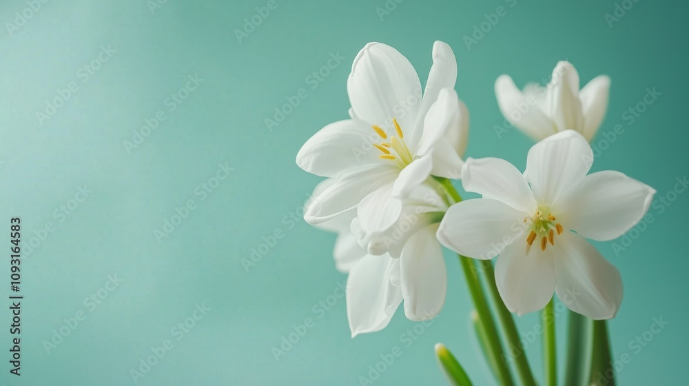Banner with white spring flowers on solid blue background. Spring floral design. Banner with white spring flowers on solid blue background. Spring floral design.