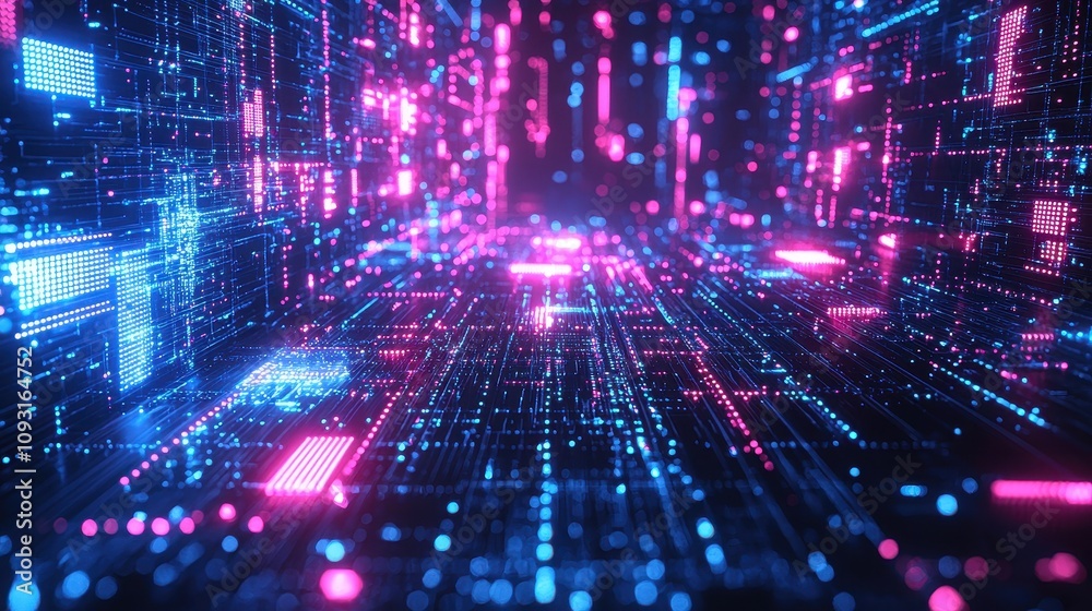 An abstract futuristic background with glowing circuit-like patterns in neon blue and pink. The dynamic lines and bright accents create a sleek and innovative aesthetic. Ideal for high-tech An abstract futuristic background with glowing circuit-like patterns in neon blue and pink. The dynamic lines and bright accents create a sleek and innovative aesthetic. Ideal for high-tech