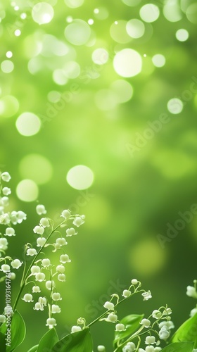 Beautiful white flowers lilly of the valley flowers in green leaves. Light green bokeh background. Copy space, free space for text. Spring themed.
