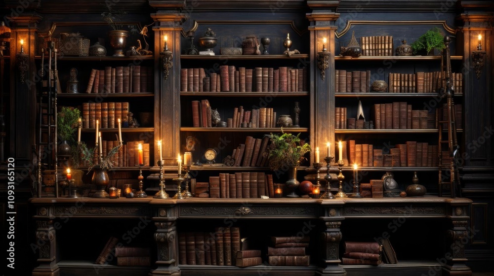 A large bookcase filled with books and candles