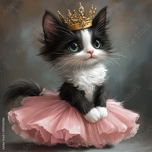 charming cartoon drawing of black and white princess cat wearing crown and pink tutu, exuding playful and regal vibe photo