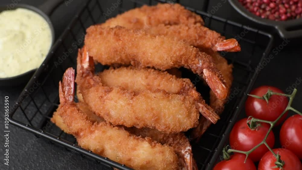 Hot crispy shrimp breaded with salt and spices with white sauce on a dark concrete background