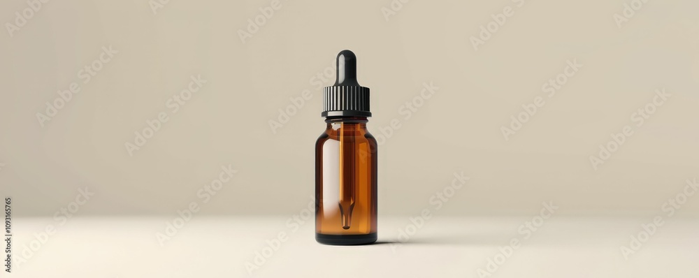Brown glass dropper bottle on a neutral background, ideal for cosmetics or essential oil products. Brown glass dropper bottle on a neutral background, ideal for cosmetics or essential oil products.