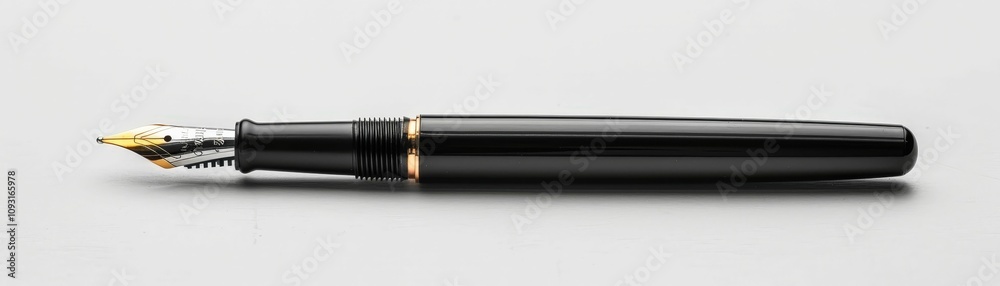 Elegant black fountain pen with gold accents, resting on a light gray surface. Elegant black fountain pen with gold accents, resting on a light gray surface.