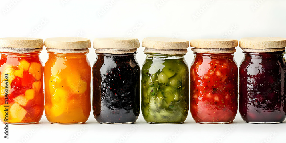 Photo Assorted Fruit Preserves Jars White Background Photo Assorted Fruit Preserves Jars White Background