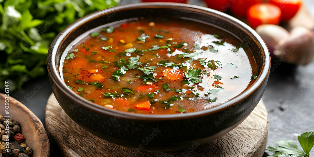 Photo, Vegetable Soup with Parsley, Tomatoes, and Garlic Photo, Vegetable Soup with Parsley, Tomatoes, and Garlic