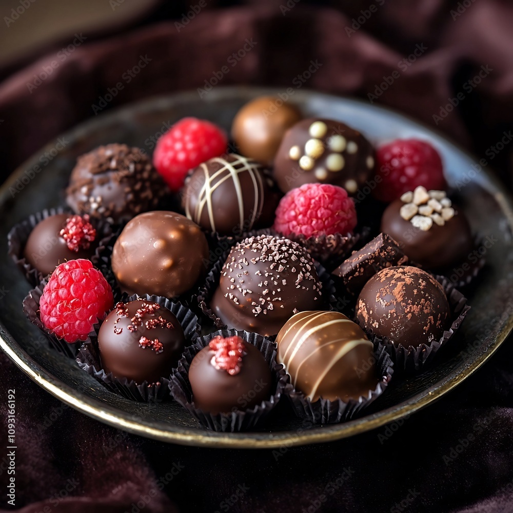 Decadent Assortment of Luxurious Chocolate Truffles with Gourmet Fillings on Velvet Backdrop Decadent Assortment of Luxurious Chocolate Truffles with Gourmet Fillings on Velvet Backdrop