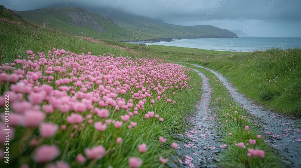 Obraz premium A serene coastal path lined with vibrant pink flowers under a cloudy sky.