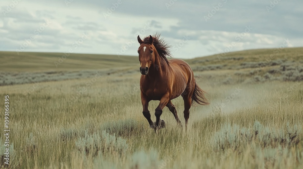 Horse galloping freely across a grassy plain nature scene dynamic action vibrant environment wide-angle view freedom and beauty concept Horse galloping freely across a grassy plain nature scene dynamic action vibrant environment wide-angle view freedom and beauty concept