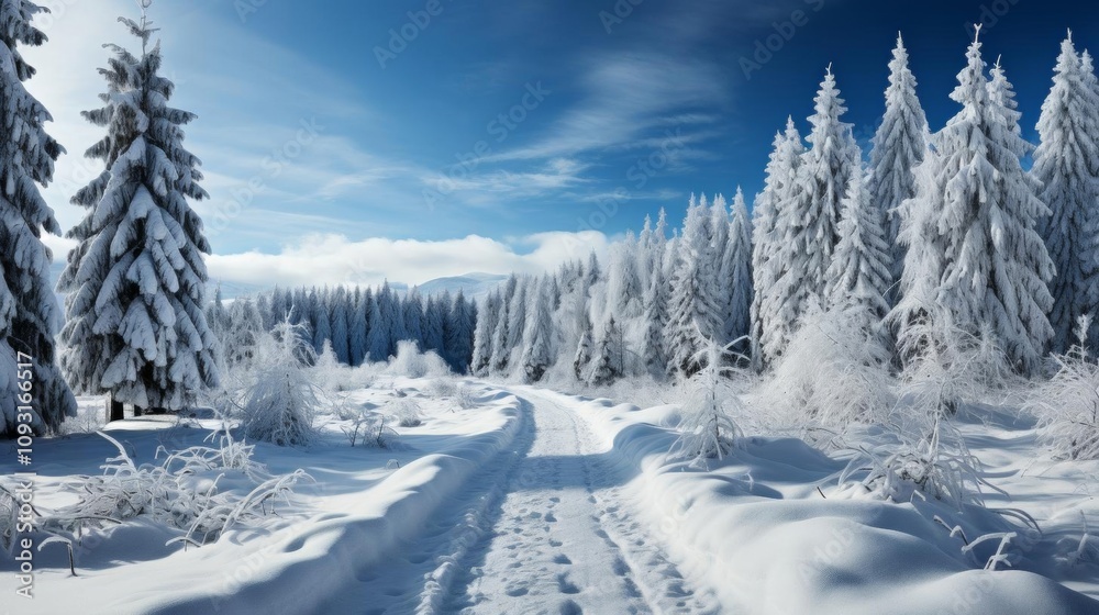 A snowy forest with a road running through it A snowy forest with a road running through it