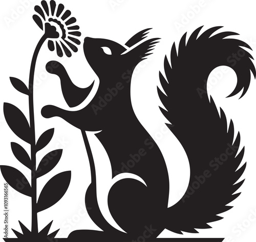 A squirrel sniffing a flower with an inquisitive posture silhouette vector