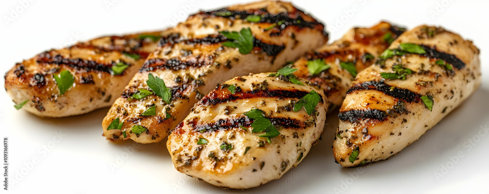 Photo Grilled Chicken Breast Parsley Garnish White Background Photo Grilled Chicken Breast Parsley Garnish White Background
