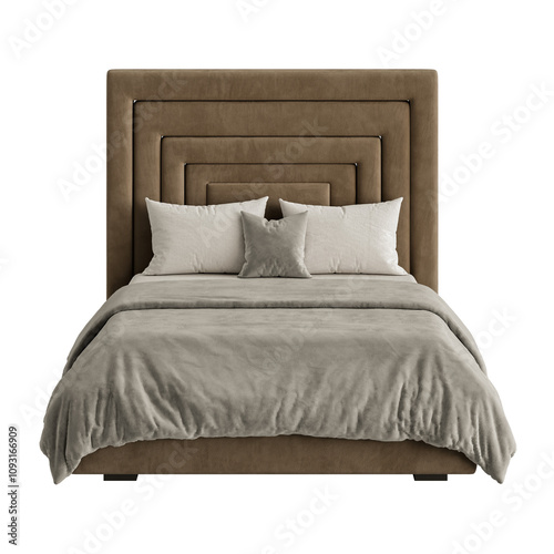 A bed with a brown headboard and a white pillow