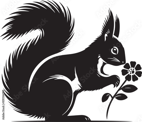 A squirrel sniffing a flower with an inquisitive posture silhouette vector