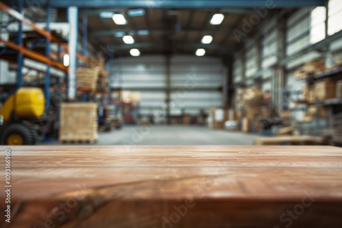 Wood table in warehouse storage with blurred background