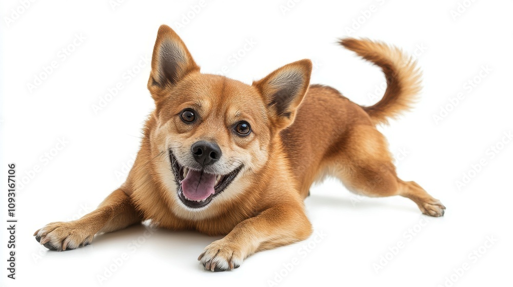 Joyful shiba inu smiling and wagging its tail on a white background for pet lovers and dog enthusiasts Joyful shiba inu smiling and wagging its tail on a white background for pet lovers and dog enthusiasts
