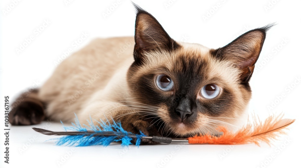 Balinese cat playing with a feather toy on white background for fun and entertainment Balinese cat playing with a feather toy on white background for fun and entertainment