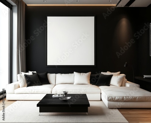 Modern Living Room with White Sofa, Black Accent Wall, and Large Blank Picture Frame