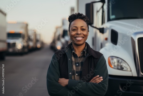 Smiling portrait of a African American middle aged female truck driver