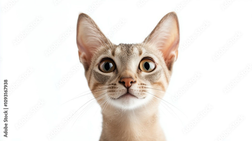 Alert oriental shorthair cat with large ears posing on a white background for captivating pet photography Alert oriental shorthair cat with large ears posing on a white background for captivating pet photography
