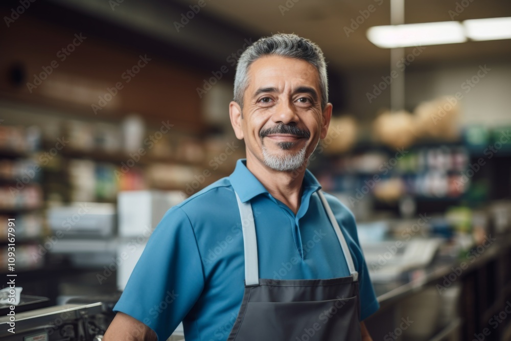Portrait of a middle aged Hispanic cashier Portrait of a middle aged Hispanic cashier