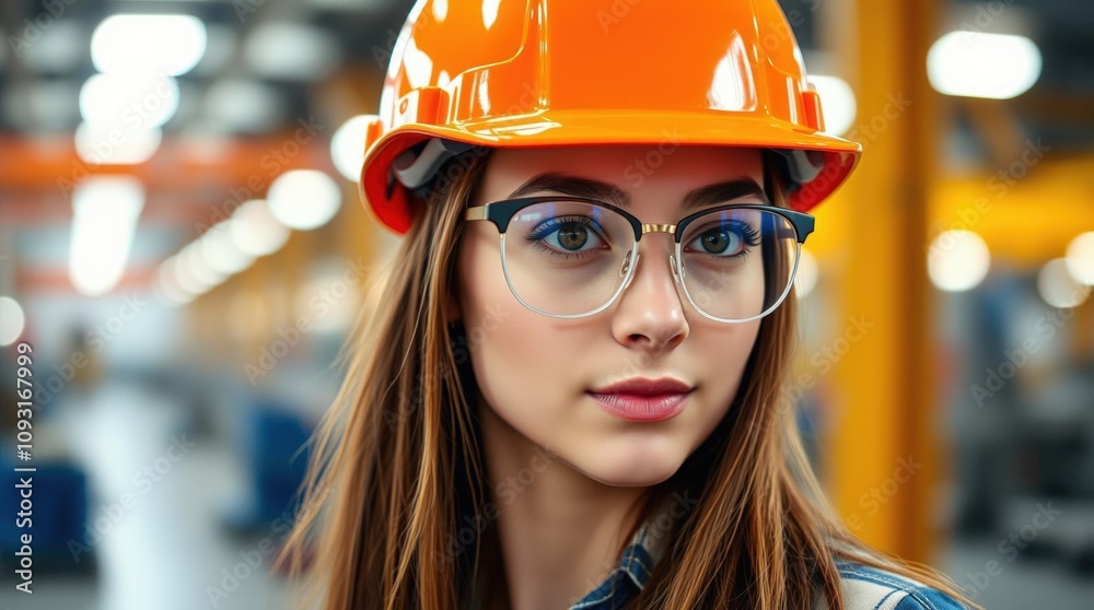 Young brunette woman in orange safety helmet working in bright factory Young brunette woman in orange safety helmet working in bright factory