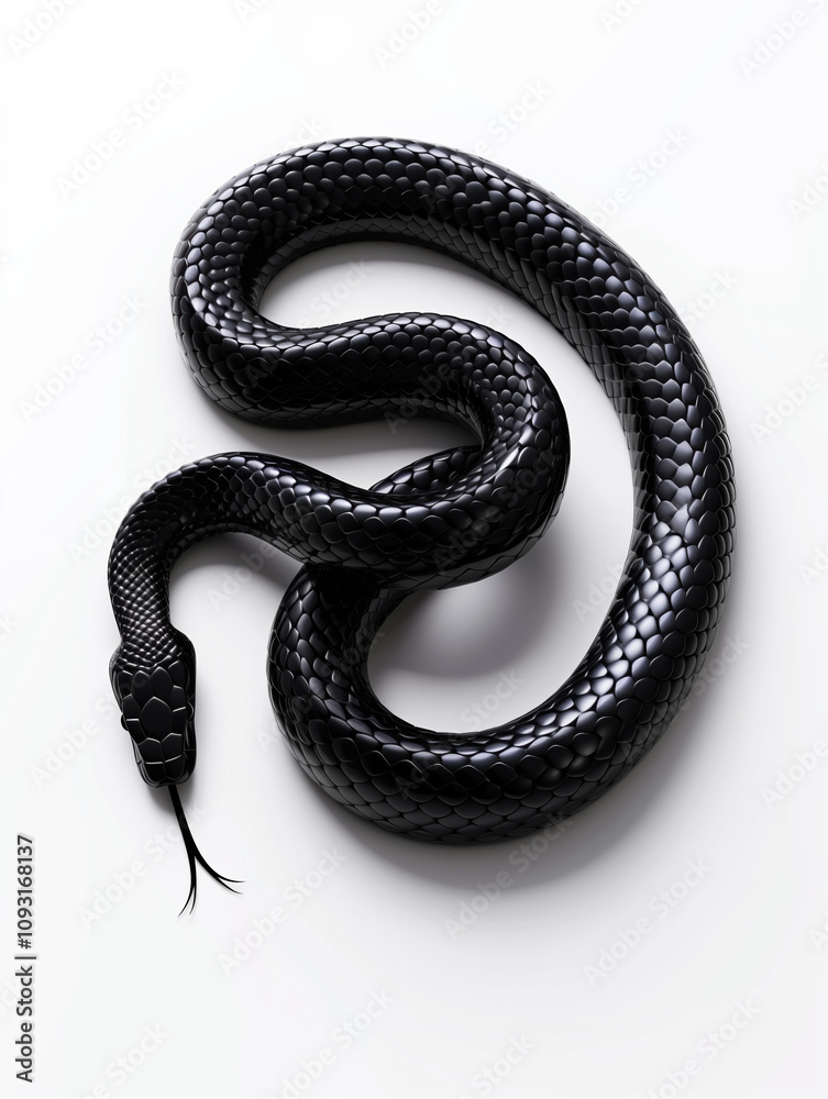 3D rendering of Black Snake in Motion with High-Contrast Design on a White Vector Art Background 3D rendering of Black Snake in Motion with High-Contrast Design on a White Vector Art Background