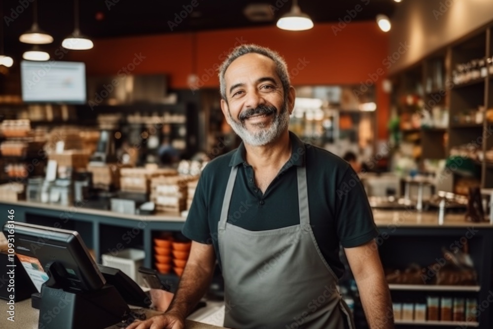 Fototapeta premium Portrait of a middle aged Hispanic cashier