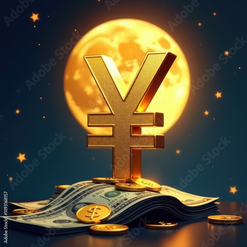 Golden Yen Symbol on Stack of Dollar Bills under Full Moon photo