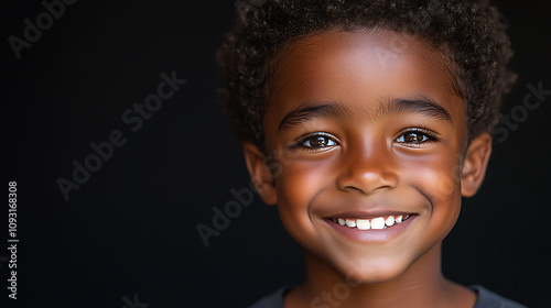 young African American boy with curly hair smiles brightly, showcasing his joyful expression and sparkling eyes. His happiness radiates against dark background