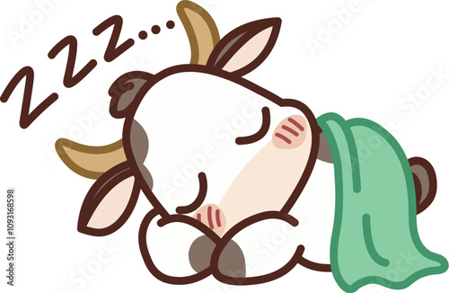 Kawaii style cow sleeping under a green blanket, with 'zzz' symbols floating above its head
