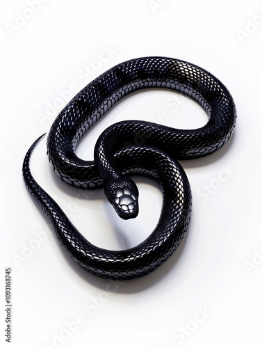 3D rendering of Realistic Black Snake Illustration in Motion on a Minimalist White Vector Background