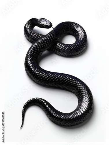 3D rendering of Elegant Black Snake Weaving Downward in a High-Contrast Design on White Background