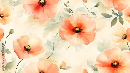 Seamless pattern of soft pastel poppies, watercolor textures in blush pinks, creams, and light oranges, delicate green leaves, airy and flowing composition, hand-painted style, fluid brush strokes,