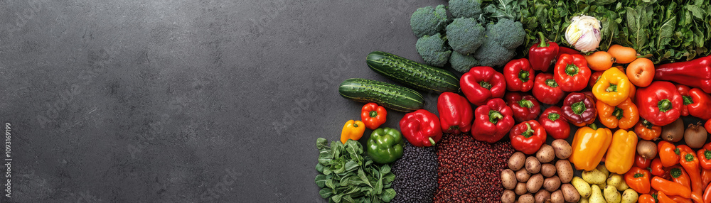 Happy Diet Wellness Awareness Concept. A vibrant collection of fresh vegetables, including peppers, cucumbers, and greens, arranged artfully on a dark surface. Happy Diet Wellness Awareness Concept. A vibrant collection of fresh vegetables, including peppers, cucumbers, and greens, arranged artfully on a dark surface.