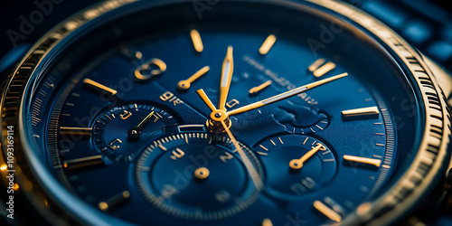 close up of luxury watch featuring blue dial and gold accents, showcasing intricate details and craftsmanship. watch has multiple sub dials and sophisticated design