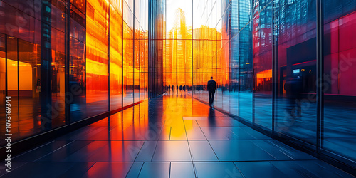 vibrant cityscape reflecting warm colors in glass buildings, showcasing modern urban environment. scene captures essence of city life with silhouettes of people walking photo