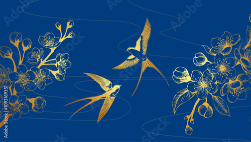 Golden cherry blossom branch with swallow on luxury style background