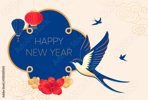 Swallow bird with cherry blossom flower new year banner