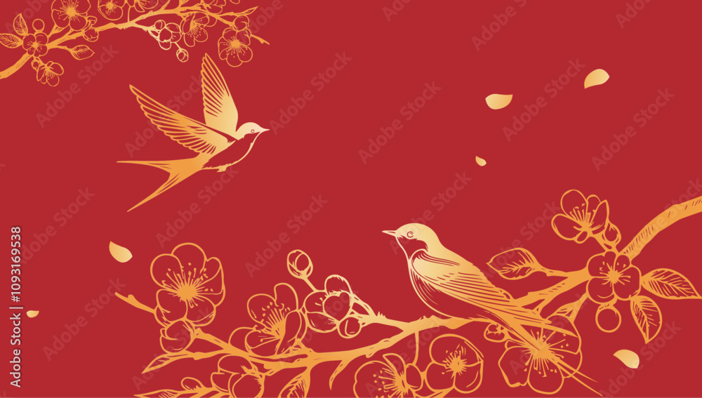 Elegant cherry blossom branch vector with golden swallow on red background Elegant cherry blossom branch vector with golden swallow on red background