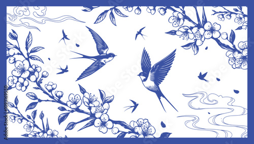 Swallow bird vector with cherry blossom branch wallpaper