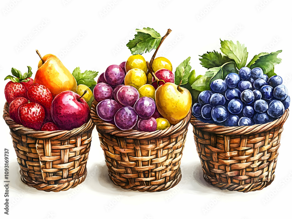 Illustration of Strawberries, Grapes, Apples, Pears in Wicker Baskets Illustration of Strawberries, Grapes, Apples, Pears in Wicker Baskets